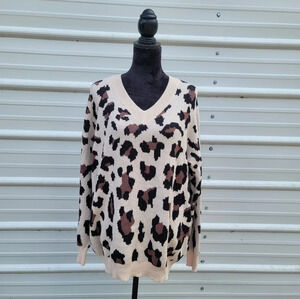 NWT Anthropologie MACARON S Oversized Sweater Beige Leopard Print Balloon Sleeve